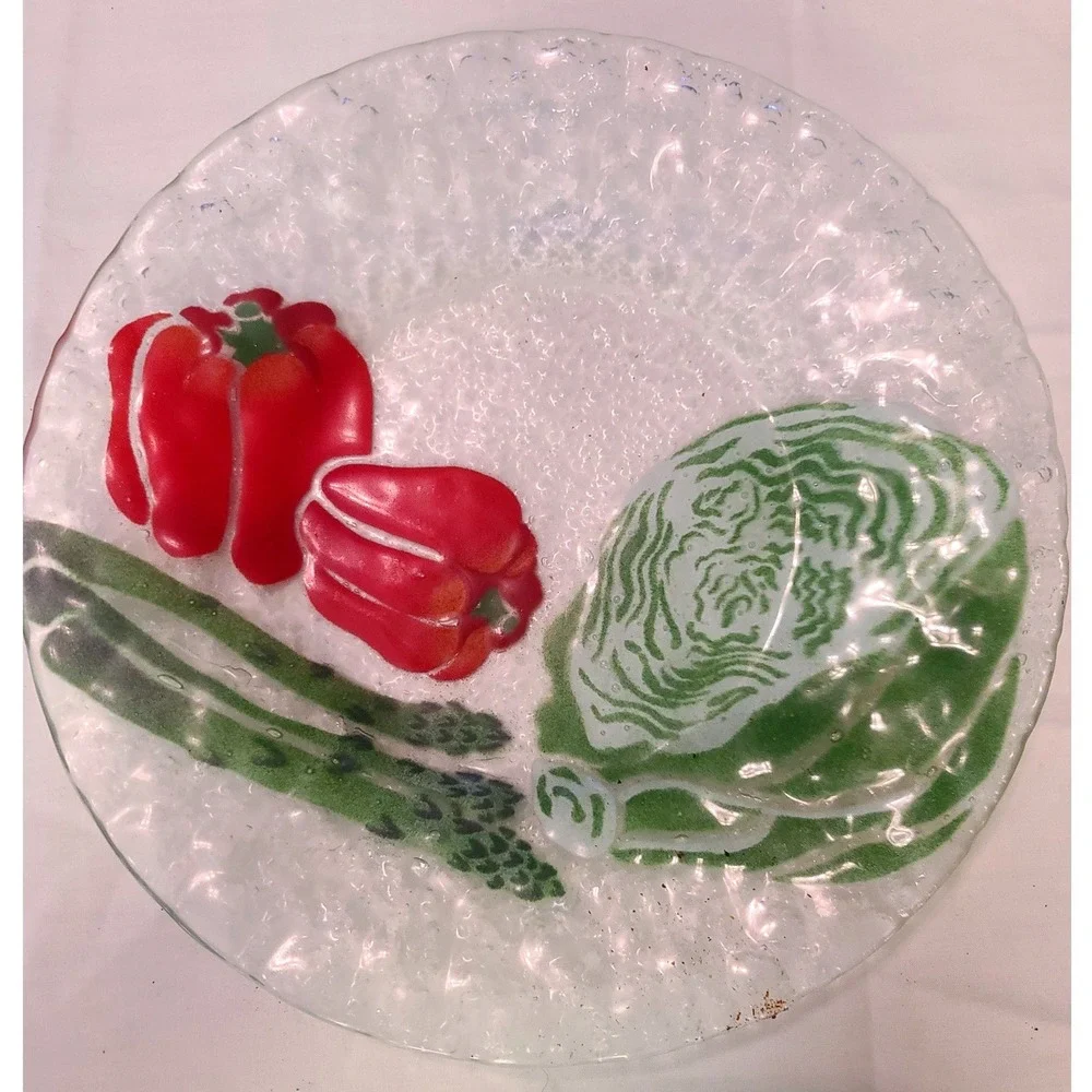 Fused Art Glass Textured‎ Plate Vegetable Design Pepper Cabbage Asparagus 10